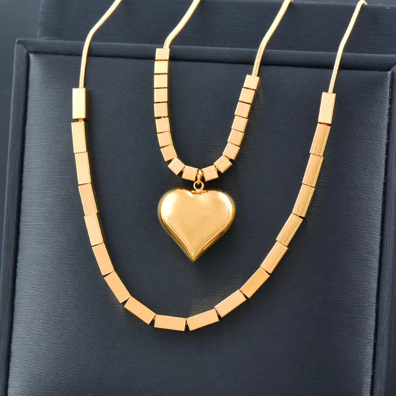 Stainless Steel Gold Color Heart Necklaces for Women Heart Pendant Chain Engagement Jewelry Korean Fashion